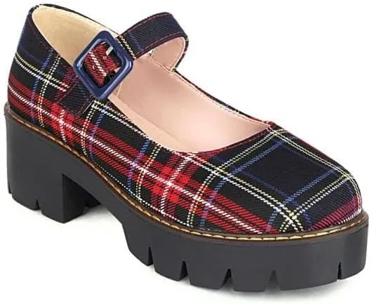 Women British Style Plaid Mary Jane Pumps Round Toe Low Block Heels