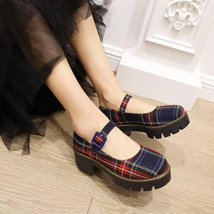 Women British Style Plaid Mary Jane Pumps Round Toe Low Block Heels