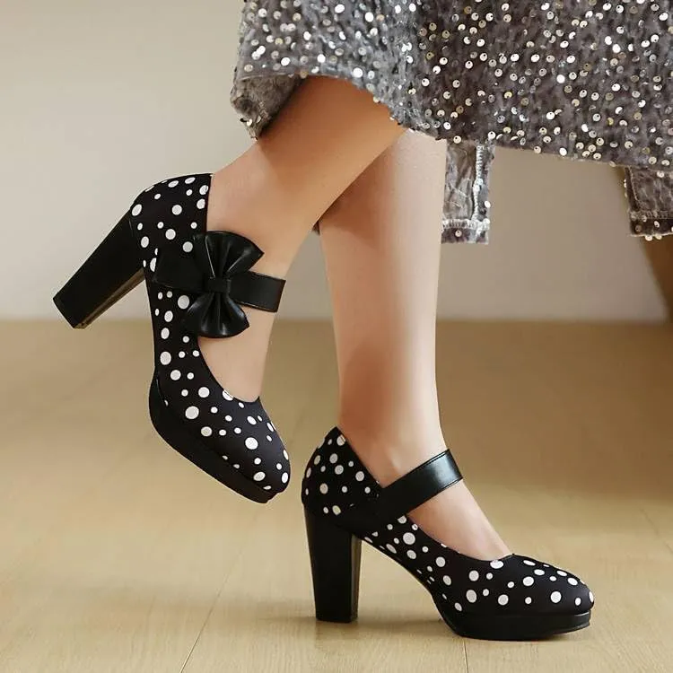 Women Stylish Bow Platform Mary Jane Pumps Chunky High Heels with Polka Dots