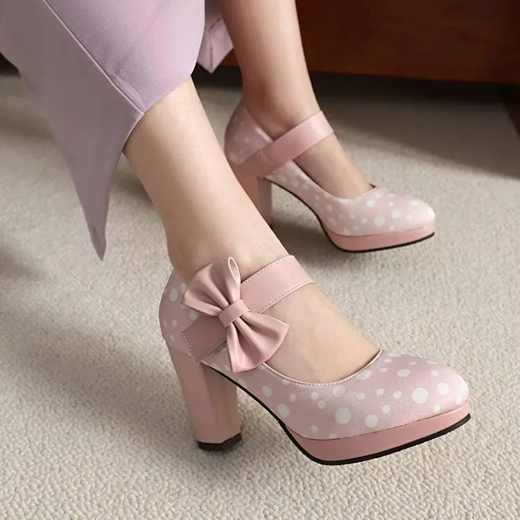Women Stylish Bow Platform Mary Jane Pumps Chunky High Heels with Polka Dots