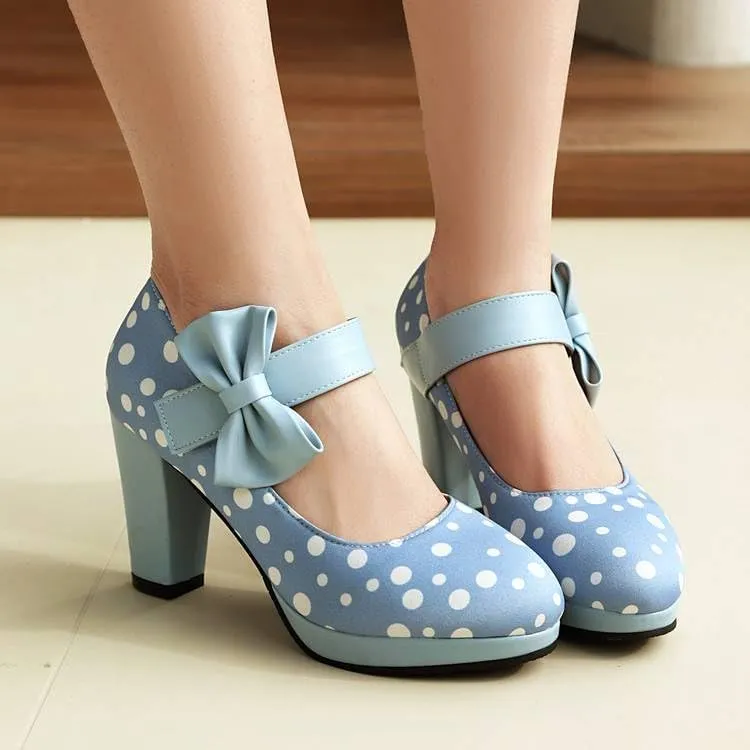 Women Stylish Bow Platform Mary Jane Pumps Chunky High Heels with Polka Dots