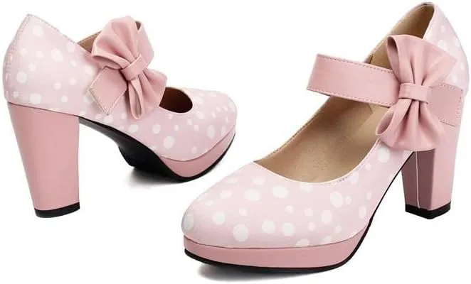 Women Stylish Bow Platform Mary Jane Pumps Chunky High Heels with Polka Dots