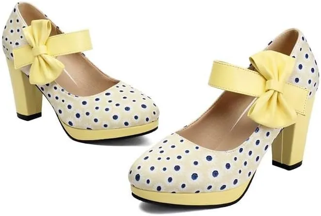 Women Stylish Bow Platform Mary Jane Pumps Chunky High Heels with Polka Dots