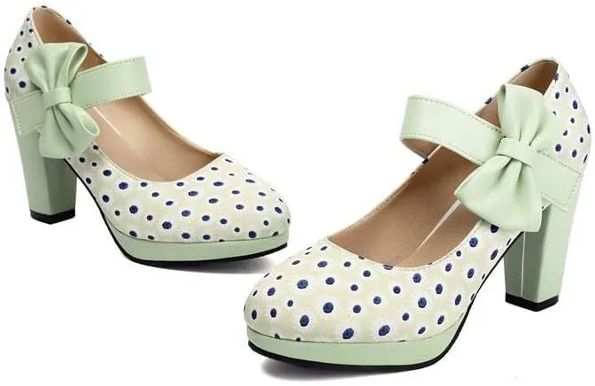 Women Stylish Bow Platform Mary Jane Pumps Chunky High Heels with Polka Dots