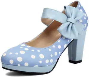 Women Stylish Bow Platform Mary Jane Pumps Chunky High Heels with Polka Dots