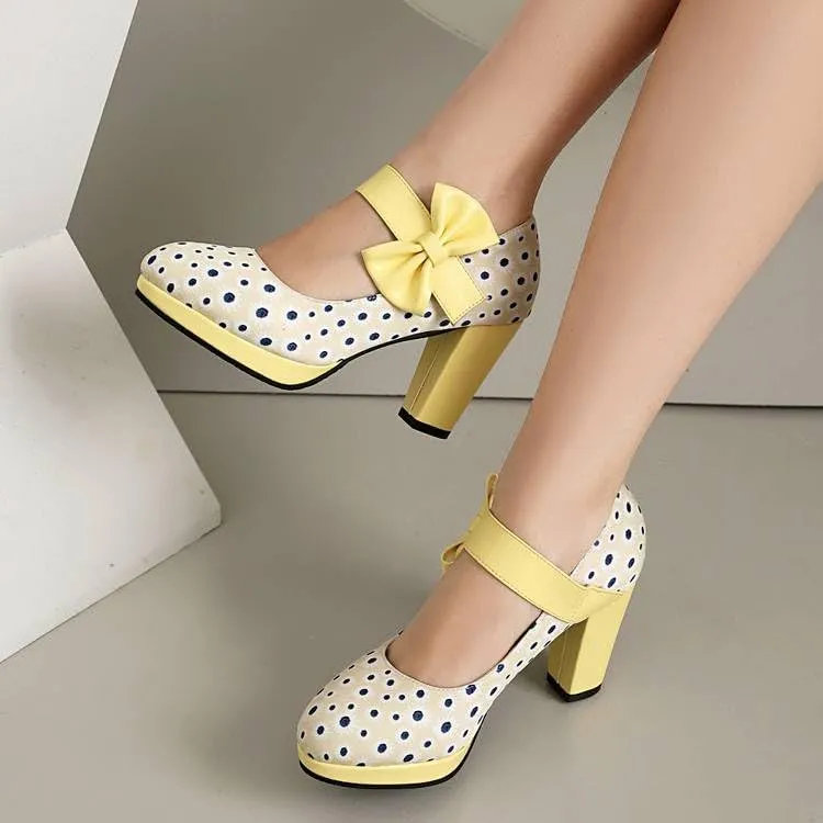 Women Stylish Bow Platform Mary Jane Pumps Chunky High Heels with Polka Dots