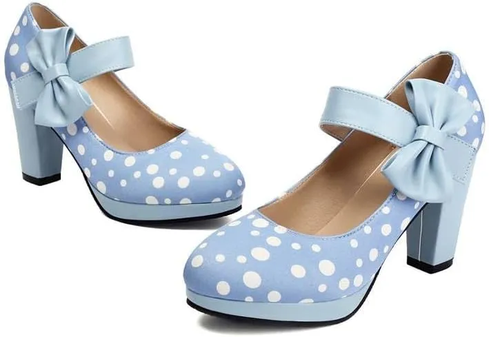 Women Stylish Bow Platform Mary Jane Pumps Chunky High Heels with Polka Dots