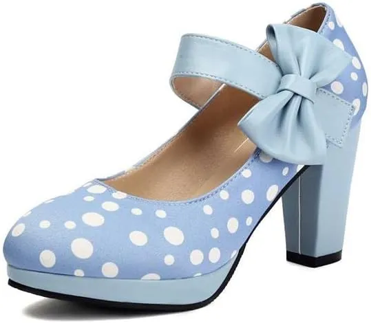 Women Stylish Bow Platform Mary Jane Pumps Chunky High Heels with Polka Dots