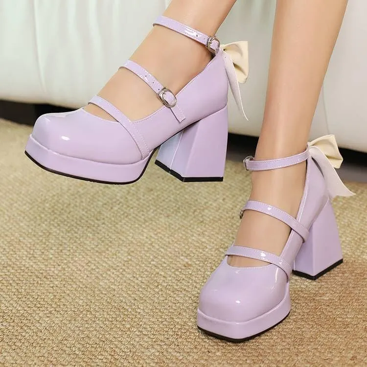 Women Stylish Bow Platform Mary Jane Pumps Glossy Patent Square Toe Flare Heels