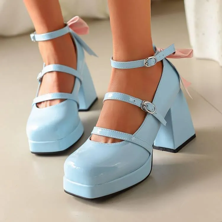 Women Stylish Bow Platform Mary Jane Pumps Glossy Patent Square Toe Flare Heels