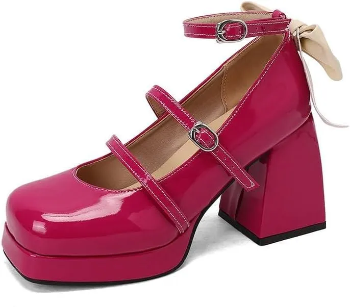 Women Stylish Bow Platform Mary Jane Pumps Glossy Patent Square Toe Flare Heels