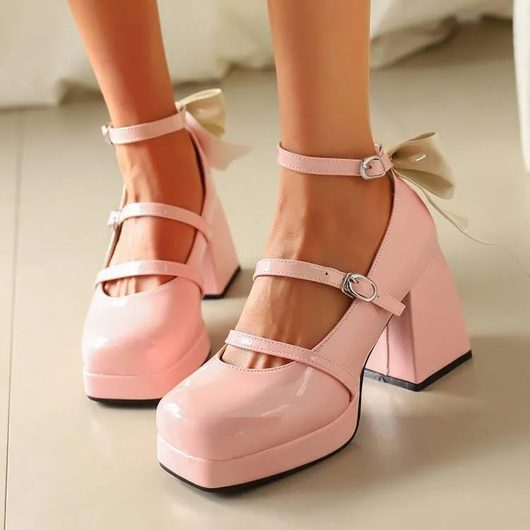 Women Stylish Bow Platform Mary Jane Pumps Glossy Patent Square Toe Flare Heels