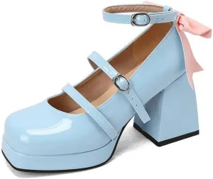 Women Stylish Bow Platform Mary Jane Pumps Glossy Patent Square Toe Flare Heels