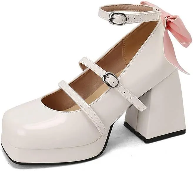 Women Stylish Bow Platform Mary Jane Pumps Glossy Patent Square Toe Flare Heels