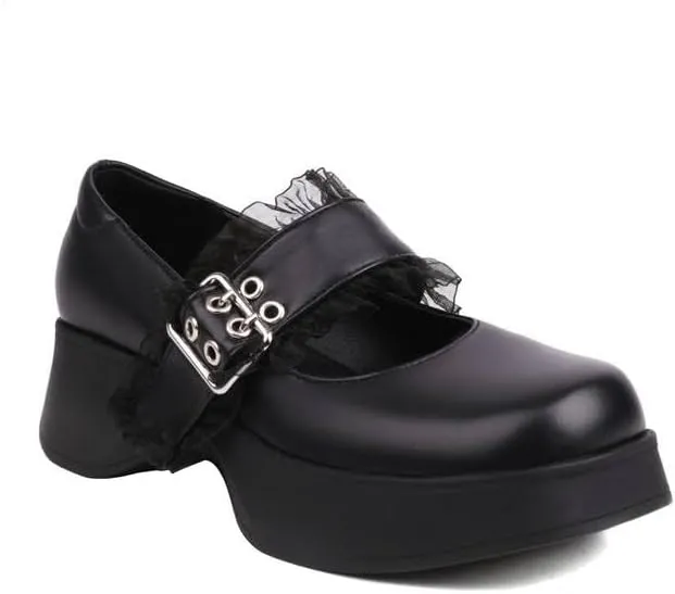 Women Vintage Platform Mary Jane Pumps Block Heels with Belt Buckles Lace