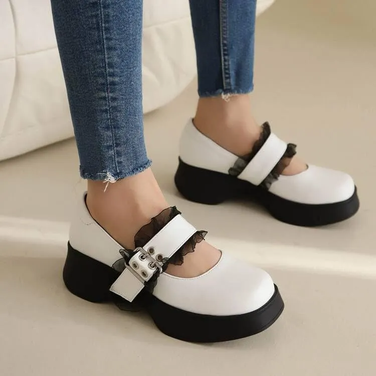 Women Vintage Platform Mary Jane Pumps Block Heels with Belt Buckles Lace