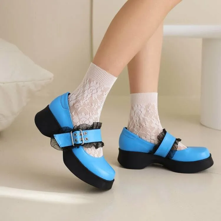 Women Vintage Platform Mary Jane Pumps Block Heels with Belt Buckles Lace