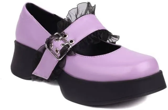 Women Vintage Platform Mary Jane Pumps Block Heels with Belt Buckles Lace