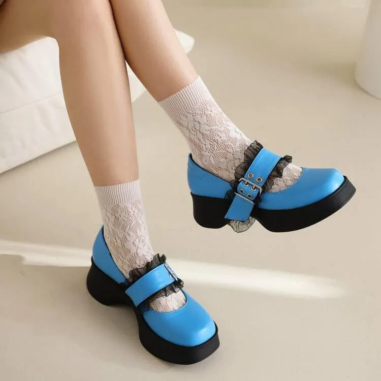 Women Vintage Platform Mary Jane Pumps Block Heels with Belt Buckles Lace