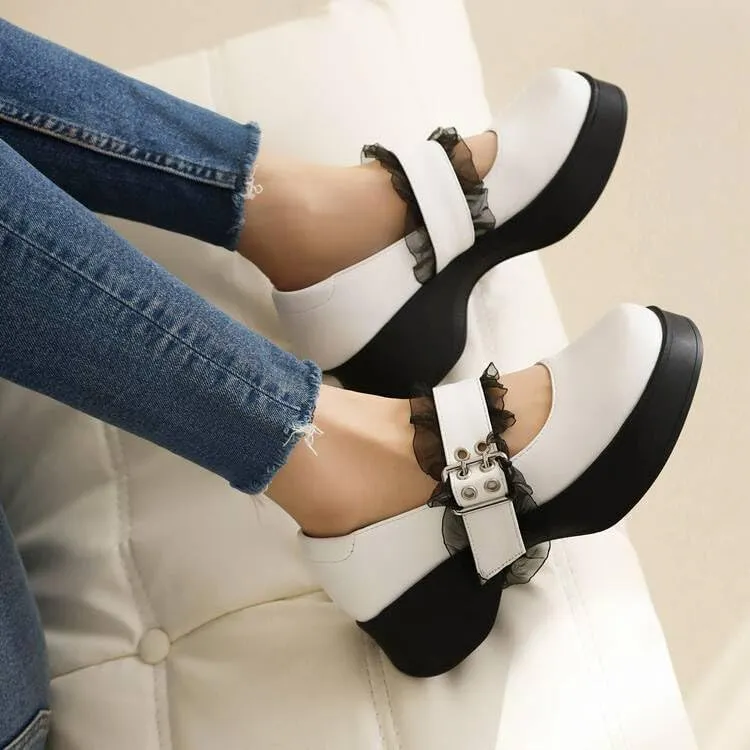 Women Vintage Platform Mary Jane Pumps Block Heels with Belt Buckles Lace