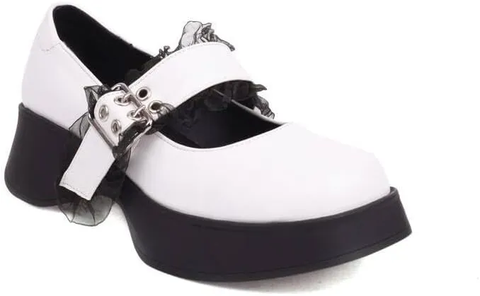 Women Vintage Platform Mary Jane Pumps Block Heels with Belt Buckles Lace