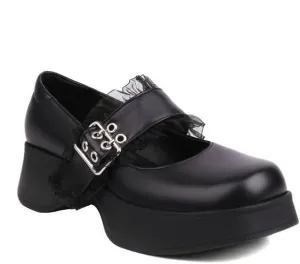Women Vintage Platform Mary Jane Pumps Block Heels with Belt Buckles Lace
