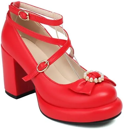 Women's Bowtie Buckle Ankle Straps Platform Square High Heel Pumps