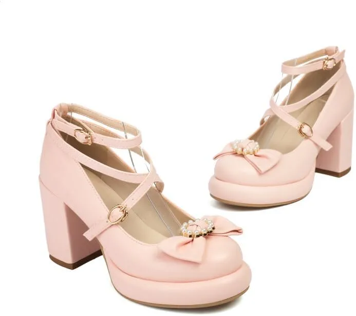 Women's Bowtie Buckle Ankle Straps Platform Square High Heel Pumps