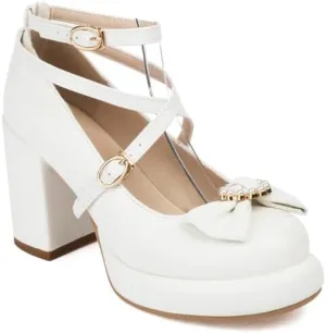 Women's Bowtie Buckle Ankle Straps Platform Square High Heel Pumps