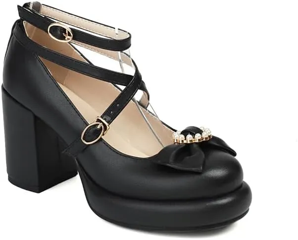 Women's Bowtie Buckle Ankle Straps Platform Square High Heel Pumps