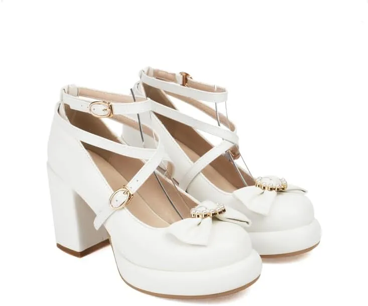 Women's Bowtie Buckle Ankle Straps Platform Square High Heel Pumps