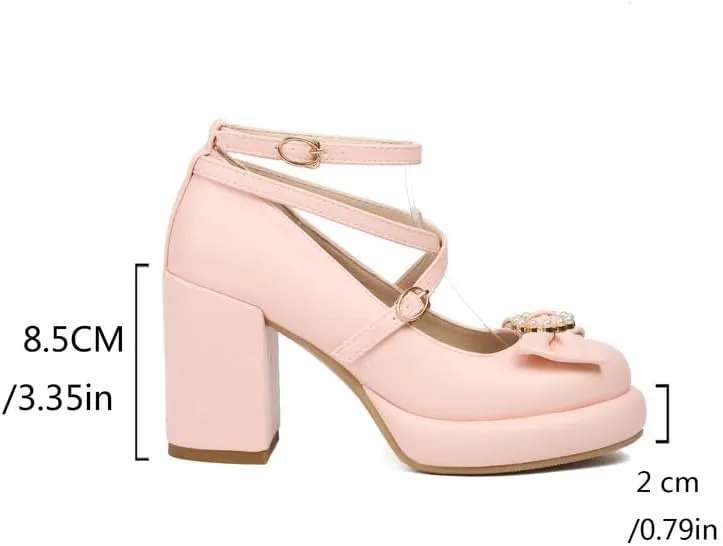 Women's Bowtie Buckle Ankle Straps Platform Square High Heel Pumps