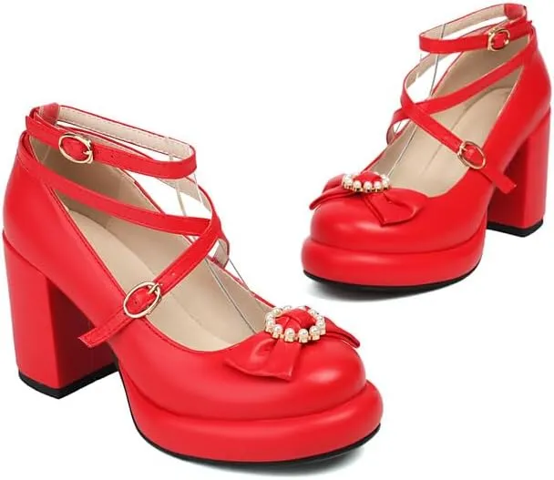 Women's Bowtie Buckle Ankle Straps Platform Square High Heel Pumps