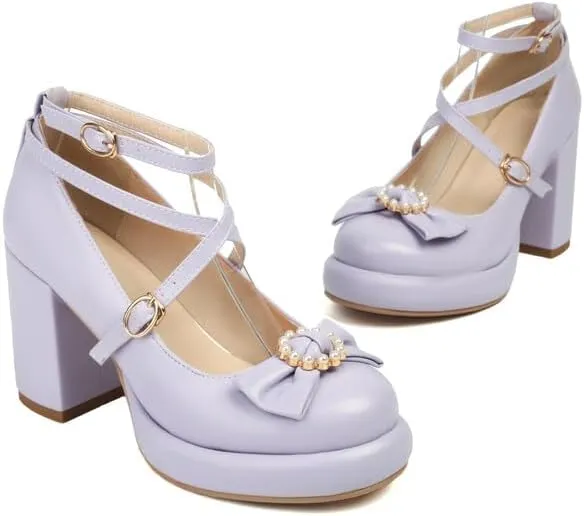 Women's Bowtie Buckle Ankle Straps Platform Square High Heel Pumps