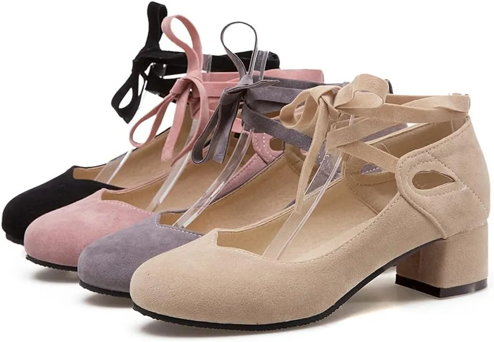 Women's Chunky Mid Block Heel Pumps Suede Square Toe Ankle Strap Comfortable Office Dress Shoes