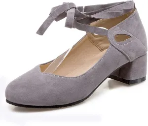 Women's Chunky Mid Block Heel Pumps Suede Square Toe Ankle Strap Comfortable Office Dress Shoes