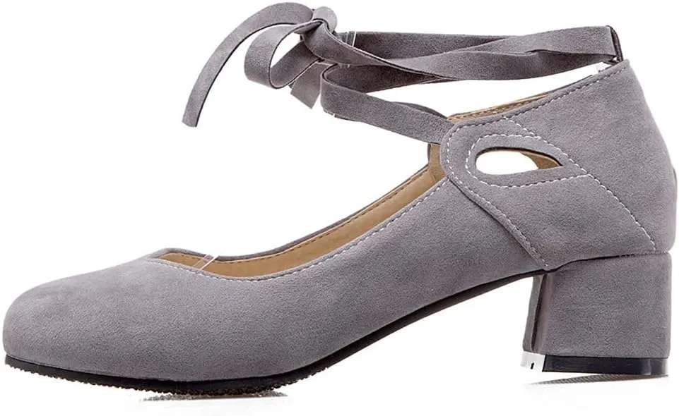 Women's Chunky Mid Block Heel Pumps Suede Square Toe Ankle Strap Comfortable Office Dress Shoes