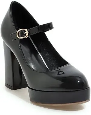 Women's Glossy Square Heel Platform Mary Janes Pumps