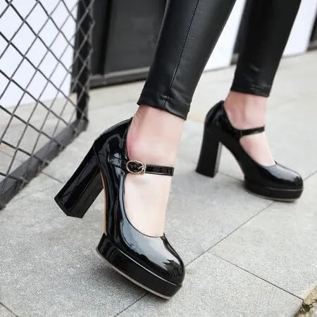Women's Glossy Square Heel Platform Mary Janes Pumps