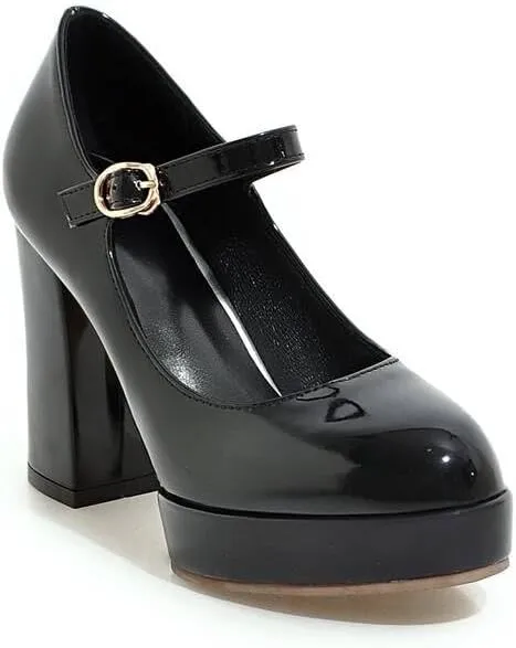 Women's Glossy Square Heel Platform Mary Janes Pumps