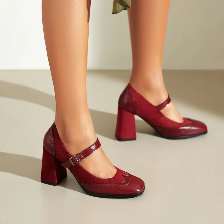Women's Glossy Square Toe Chunky Heel Mary Jane Pumps