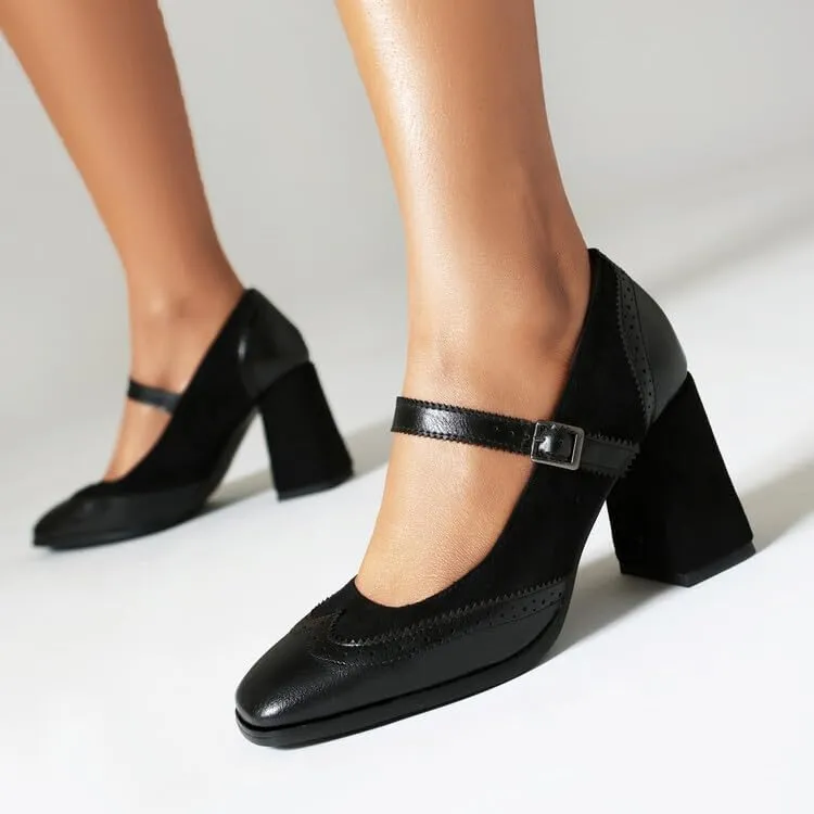 Women's Glossy Square Toe Chunky Heel Mary Jane Pumps