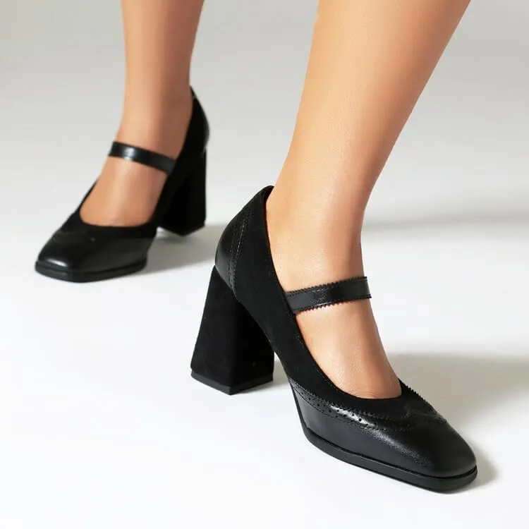 Women's Glossy Square Toe Chunky Heel Mary Jane Pumps