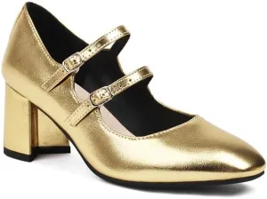 Women's Metal Glossy Square Toe Chunky Heel Pumps Mary Jane Shoes