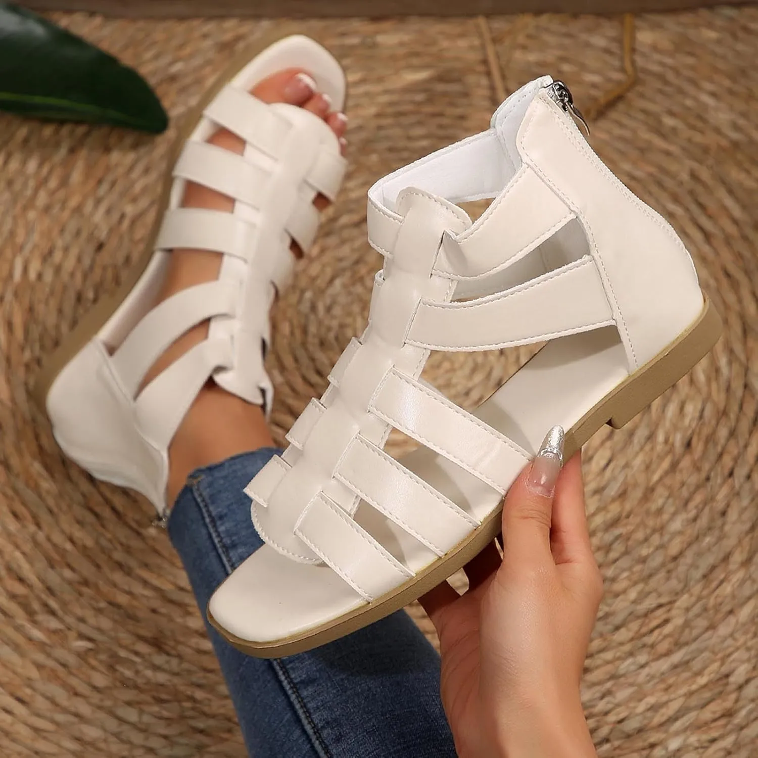 Women's Sandals Fisherman Braided Flat Sandals Woven Strappy Closed Toe Sandals Summer Beach Outdoor Shoes