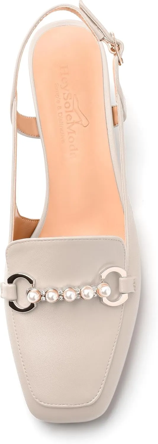 Womens Slingback Pumps, Mid Chunky Heel Square Toe Leather Insole Pumps for Women, Pearl Pump Shoes 2"