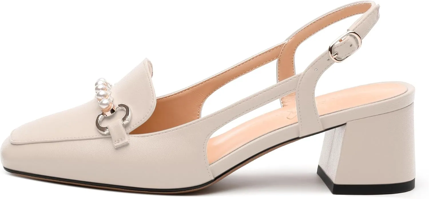 Womens Slingback Pumps, Mid Chunky Heel Square Toe Leather Insole Pumps for Women, Pearl Pump Shoes 2"