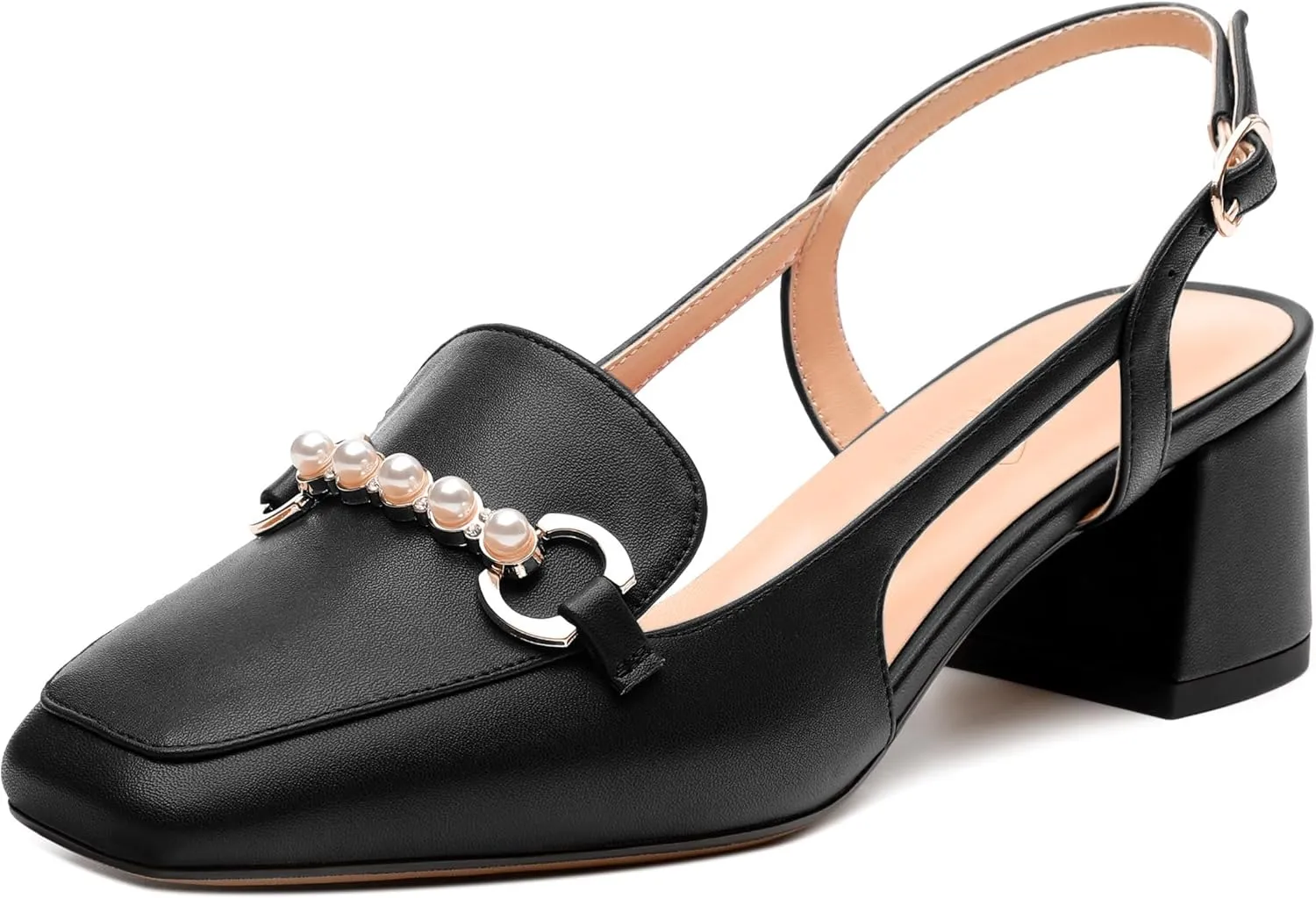 Womens Slingback Pumps, Mid Chunky Heel Square Toe Leather Insole Pumps for Women, Pearl Pump Shoes 2"