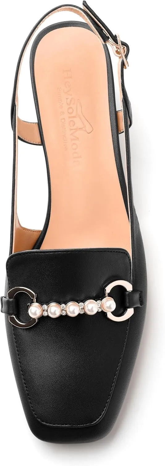 Womens Slingback Pumps, Mid Chunky Heel Square Toe Leather Insole Pumps for Women, Pearl Pump Shoes 2"