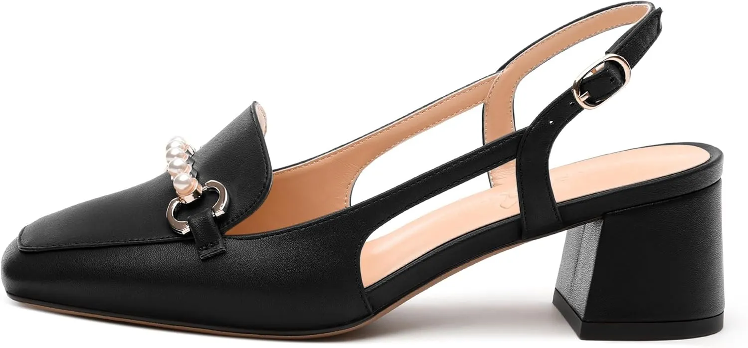 Womens Slingback Pumps, Mid Chunky Heel Square Toe Leather Insole Pumps for Women, Pearl Pump Shoes 2"